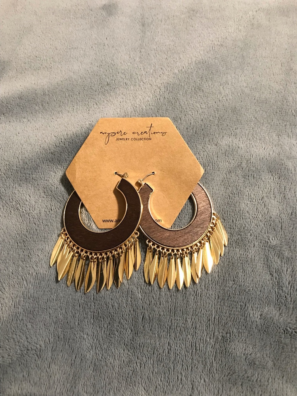 Gold Tone Brown Hoop Bohemian Wood Inlay Earrings with Fringe Details
